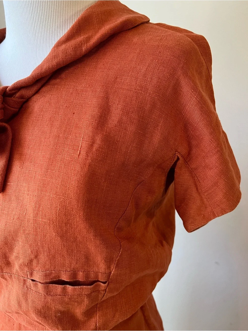 VTg 30s 40s Linen? Dress Secretary Sailor Size XS/S Burnt Orange tie neck - Picture 5 of 14